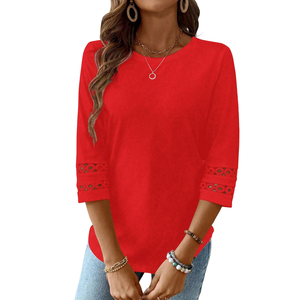 <b>Red</b> Lace Trim <b>Blouse</b> <b>Women</b> Three Quarter Sleeve Round Neck Solid Color Pullover Shirt for Daily Wear - Product Image 1