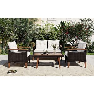 Set di Mobili da Giardino GO in 4 Pezzi, Divano in Rattan PE Marrone e Beige con Tavolo in Legno e Gambe, Set da Esterno per Patio - Product Image 3