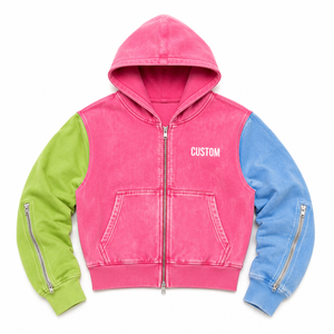 Bright Pink Acid Wash Color Block Hoodie Full <b>Zip</b> Heavyweight Cotton Oversized <b>Hooded</b> Sweatshirt Private Label OEM ODM Supplier - Product Image 3