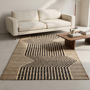 Textured Beige Handwoven <b>Jute</b> <b>Rug</b> Bold Black Chevron Geometric Pattern Anti-Slip Thick Pile Modern Living Room Bedroom Home - Product Image 3