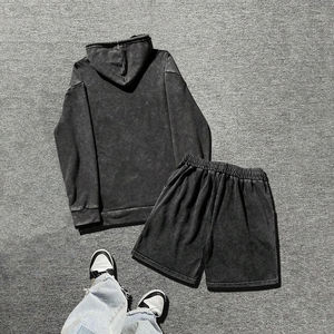 Ensemble sweat à capuche et short personnalisés OEM, effet délavé, usé et vintage, avec impression en relief, pour homme - Product Image 2