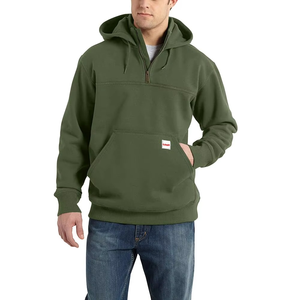 Sweat-shirt en molleton à capuche mi-zippé marron pour homme, coupe classique, couleur unie, poche avant avec logo, style automne - Product Image 3
