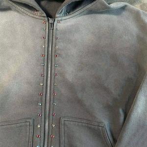 Sudadera con capucha y cremallera completa, extragrande, de algodón 100% de felpa, gris lavado, con pedrería, personalizada, fabricante OEM ODM - Product Image 5