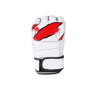 Gants de MMA blancs à demi-doigts avec motif rouge effet gouttelettes en cuir PU et fermeture Velcro pour adultes pratiquant les arts martiaux - Product Image 5