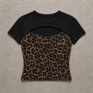 เสื้อครอปท็อปผู้หญิงลายเสือดาว แขนสั้น ทรงสลิมฟิต ผ้าถักเรียบ สีพื้น แฟชั่นลำลอง ออกกำลังกายได้ - Product Image 3