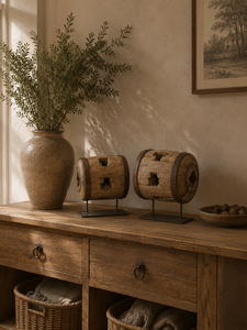 <b>Vintage</b> Heavy Wooden Cylindrical Wheel Sculpture Metal Stand Console <b>Sideboard</b> Display Decor for Living Room Bedroom Farmhouse - Product Image 3