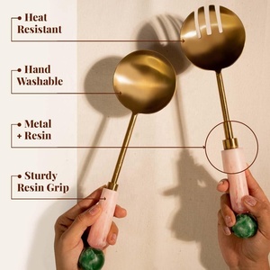New Arrival Eco-Friendly Stainless Steel <b>Salad</b> Server Fork Spoon Set Pink Resin Handle Gold Tone Dishwasher Safe Serving <b>Tools</b> - Product Image 3