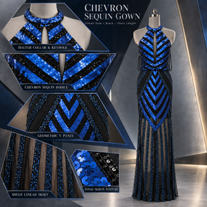 Glamorous Cobalt Blue Sequin Gown Halter Keyhole Neck Sleeveless | <b>Chevron</b> Embellished Sheath Floor Length Evening Party <b>Dress</b> - Product Image 5
