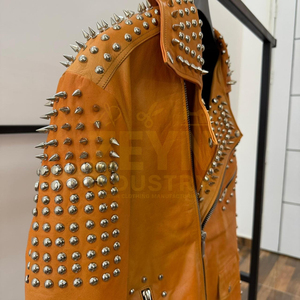Chaqueta de Motociclista de Cuero PU para Mujer, Color Naranja, Cuello Alto, Manga Larga, Cierre de Cremallera, Estilo Motero, para Otoño - Product Image 5