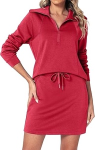 Women <b>Red</b> Knitted Long Sleeve Zip Neck Drawstring Waist Dress - Product Image 5