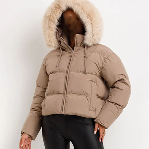 Women's High Quality Breathable Canvas Quilted Puffer <b>Jacket</b> <b>Fur</b> Hood Zipper Closure Winter <b>Short</b> Coat Lightweight Polyester - Product Image 6