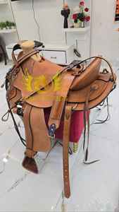 Premium Genuine Leather Wade Tree Western Saddle with Brass <b>Hardware</b> Durable for Cowboy Horse Riding Portable Ranch Work - Product Image 4