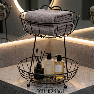 Panier de rangement en fil métallique à 2 niveaux avec poignées, organisateur de salle de bain moderne circulaire pour serviettes et articles de toilette - Product Image 5