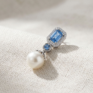 925 Silver Rhodium Plated Classic Drop <b>Earrings</b> Blue Emerald Cut Diamond <b>Halo</b> Dangle Pearl Jewelry for Wedding Party Gift - Product Image 4