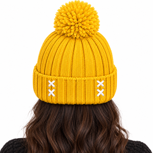 Bonnet unisexe de haute qualité avec pompon, en tricot côtelé, pour l'hiver, avec patch logo personnalisé, surpiqûres contrastées, chapeau tendance, fournisseur B2B en gros - Product Image 5