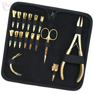 Professional Gold Hair Extension Tools Kit Pliers Scissors Loop <b>Needle</b> Metal Clips Curved <b>Needles</b> Leather Zipper <b>Case</b> Set OEM - Product Image 5