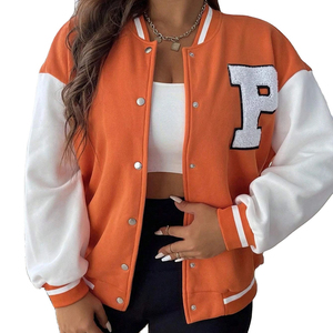 Women's Orange <b>Sequin</b> Woven Breathable Long Varsity <b>Jacket</b> Full Sleeve Zipper Stand Collar Front Logo Polyester Spring Style - Product Image 1