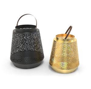 Cylindrical Metal <b>Lantern</b> With Geometric Cutouts <b>Gold</b> And Black Outdoor Home Decoration - Product Image 3