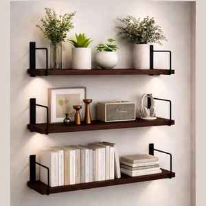 Rustic Live Edge Wooden Floating Shelf Set Wall Mount Natural Solid Wood Heavy Duty Metal Bracket Storage Ledge Pair - Product Image 4