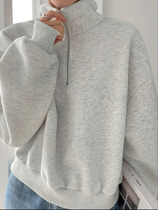 เสื้อฮู้ดดี้ผู้หญิงทรงโอเวอร์ไซส์สีเทา สไตล์วินเทจ ครอปครึ่งซิป ไหล่ตก ผ้าคอตตอนฟลีซหนานุ่ม สตรีทแวร์ พูลโอเวอร์ - Product Image 4