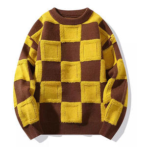 Pull en tricot à carreaux marron et jaune personnalisable pour homme, manches longues, vêtement d'automne, nouveau design, pulls en laine - Product Image 1