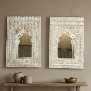Miroir mural en bois vintage, finition blanche vieillie, miroir rectangulaire décoratif à suspendre pour salon, entrée - Product Image 5