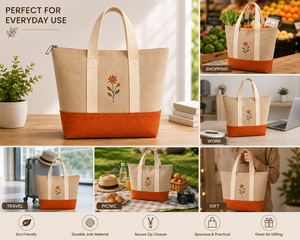 กระเป๋าผ้าปอกระเจาปักลายดอกไม้ พร้อมซิปปิด ซับในผ้าฝ้าย สีเบจส้ม สไตล์มินิมอล ใช้ได้ทุกวัน เหมาะสำหรับไปทะเล - Product Image 5