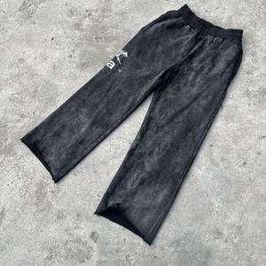 Circ Men's Black Sand Wash Sweatpants Elastic Waist Wide Leg Casual Joggers Heat Transfer Logo Right Leg Autumn Wear - Product Image 6