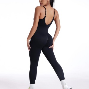 Men's <b>Black</b> Solid Ribbed Knitted Bodysuit Sleeveless V-Neck Cut Out Back Slim Fit Anti-Bacterial High Waist Yoga Wear - Product Image 4