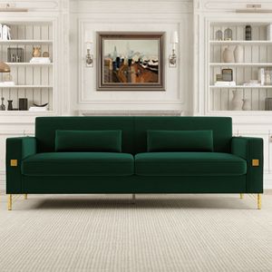 FX P18 RG2(SOFA) Divano di Lusso a 3 Posti in Velluto Verde Smeraldo con Dettagli Dorati, Divano Moderno per Soggiorno con Cuscini Morbidi - Product Image 1