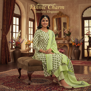 Conjunto de Traje Indio de Algodón Floral Blanco y Verde de Primera Calidad |   Salwar Kameez Punjabi Hecho a Mano con Estampado de Bloques |   Ropa Étnica Informal para Mujer - Product Image 5