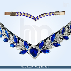 Brida de caballo de lujo personalizada de cuero azul zafiro con cristales en forma de V, marquesa, hoja y lágrima, cosida a mano con costuras de alta resistencia - Product Image 2