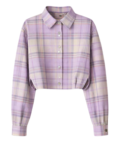 Chemisier court personnalisé à carreaux lavande pour femme, col rabattu, manches longues, boutonné, style décontracté, fabricant OEM - Product Image 1