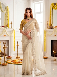 AARA Fashion Cream Silk Saree with <b>Gold</b> Embroidery and Yellow <b>Blouse</b> for Wedding Women Traditional Floor Length India Pakistan - Product Image 4