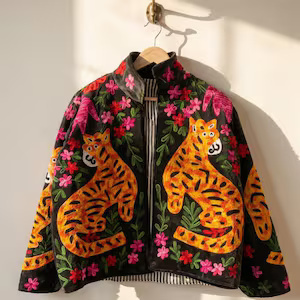 Suzani Embroidered Cropped Jacket Floral Hippie <b>Coat</b> Women Winter Warm Bohemian Outerwear Wholesale Top Product - Product Image 4