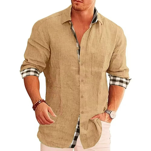 Chemise en lin pour homme, col montant uni, décontractée, boutonnée, respirante, en coton tricoté, idéale pour l'été chaud - Product Image 4