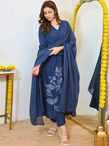<b>Women</b> Blue Floral Embroidered Rayon <b>Kurta</b> Set Dupatta Regular Fit Knee-Length Traditional Style Quick Dry Multi-Season Casual - Product Image 1