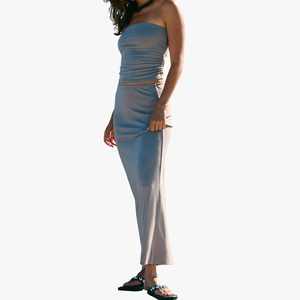 Nuevo Conjunto de Falda Maxi y Top Tubo sin Tirantes para Mujer, Color Gris Sólido, Tejido Transpirable, Atuendo de Playa para Primavera/Verano, 2 Piezas, Largo hasta el Tobillo - Product Image 1