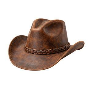 Chapeau de cowboy en cuir brun vintage de qualité supérieure |   Chapeau western à large bord en cuir véritable pour hommes et femmes |   Logo personnalisé en gros pour l'extérieur. - Product Image 1