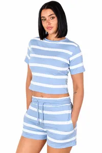 Ensemble short et haut court EVERGLOW pour femme en polyester uni, col rond, manches courtes, tenue décontractée d'été, poches, respirant, tricoté - Product Image 2