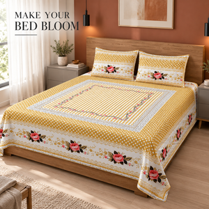 Juego de Sábanas Florales Amarillas 100% Algodón |   Juego de Fundas de Almohada para Cama de 1.8m, 300 Hilos, Resistentes a la Decoloración, para Todas las Estaciones, con Estampado a Mano - Product Image 4