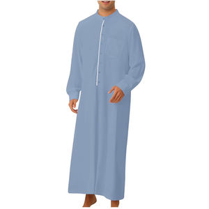 Robe islamique pour homme, Kaftan musulman à manches longues, couleur unie, col montant, style vintage décontracté, pour l'Aïd, usage quotidien, Dubaï, Arabie Saoudite, Jubba Thobe - Product Image 1