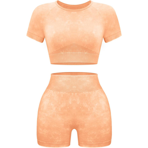 <b>Coral</b> Two Piece Yoga Set Crew Neck Crop <b>Top</b> High Waist Shorts Solid Color Stretchable Breathable - Product Image 1
