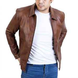 Blouson en cuir véritable et toile marron pour homme, style motard, col rabattu, fermeture éclair, coupe classique, pour l'automne - Product Image 5