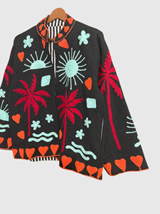 Veste noire à col mandarin brodée à la main avec motif palmier, manches chauve-souris, grande taille, pour femme, tenue d'été - Product Image 3
