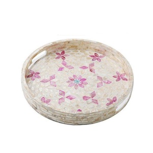 ถาดเสิร์ฟลายดอกไม้เคลือบเงา ทำจากมุกทรงกลม สำหรับโต๊ะอาหาร ถาดเสิร์ฟอาหารและเครื่องดื่ม สำหรับใช้ในบ้านและโรงแรม - Product Image 1