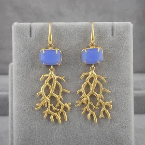 Wholesale Trending Jewelry 18k <b>Gold</b> Plated Brass Hook <b>Earring</b> Gemstone Blue Chalcedony Coral Branch Drop <b>Earring</b> Claw Setting - Product Image 3