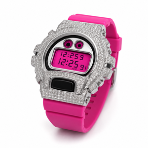 Reloj Digital de Lujo con Incrustaciones de Moissanita, Caja de Acero Inoxidable, Correa de Silicona Rosa, Estilo Hip Hop, Unisex - Product Image 2