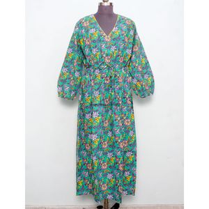 เดรสลำลองทรงตรงไซส์พลัสสำหรับผู้หญิง ลายพิมพ์บล็อกด้วยมือ แขนพอง คอวี เอวธรรมชาติ ความยาวระดับข้อเท้า - Product Image 4