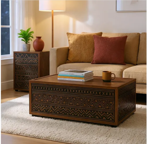Table basse en bois rectangulaire, table centrale avec motifs sculptés, table à thé pour salon - Product Image 6